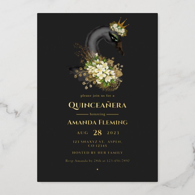 Black and Gold Swan Quinceañera Foil Invitation (Front)