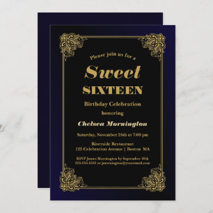 Black and Gold Sweet 16 Birthday Invitation