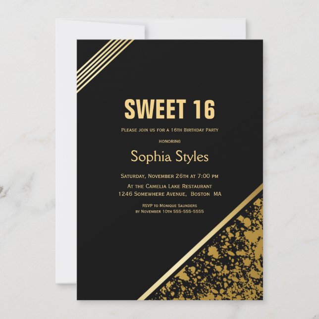 Black and Gold Sweet 16 Birthday Party Invitation (Front)