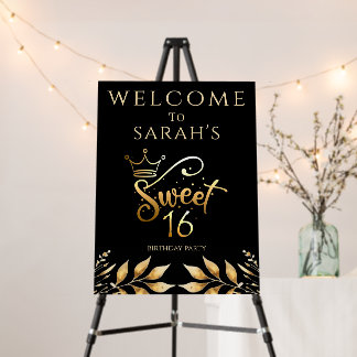 Black and Gold Sweet 16 Birthday Welcome Sign