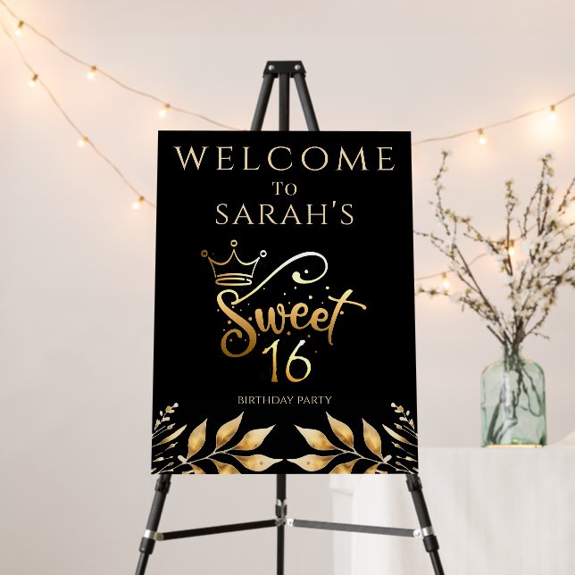 Black and Gold Sweet 16 Birthday Welcome Sign (In Situ (Stand))