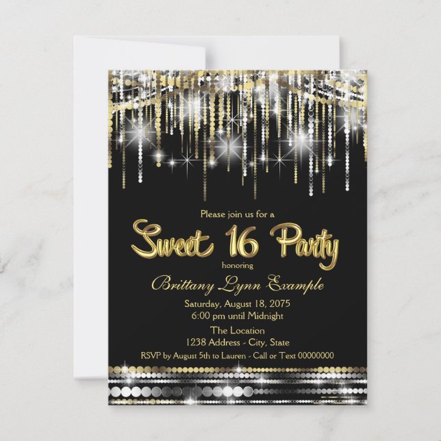 Black and Gold Sweet 16 Party Invitation (Front)