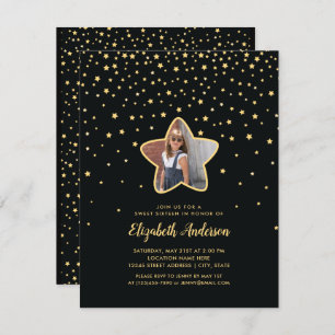Black and Gold Sweet 16 Superstar Birthday Photo Invitation