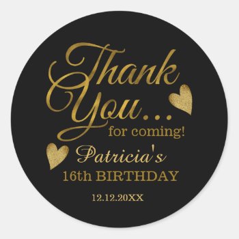 Black And Gold Sweet 16th Birthday Party Thank You Classic Round Sticker by semas87 at Zazzle