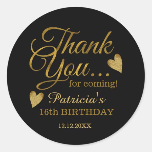 Black And Gold Sweet 16th Birthday Party Thank You Classic Round Sticker