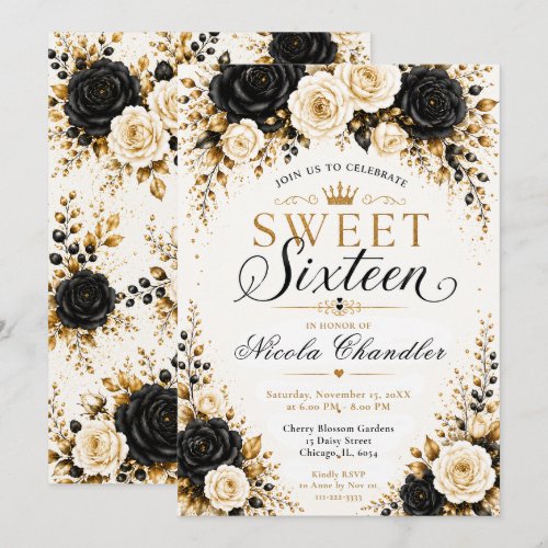 Black and Gold Sweet Sixteen Invitation