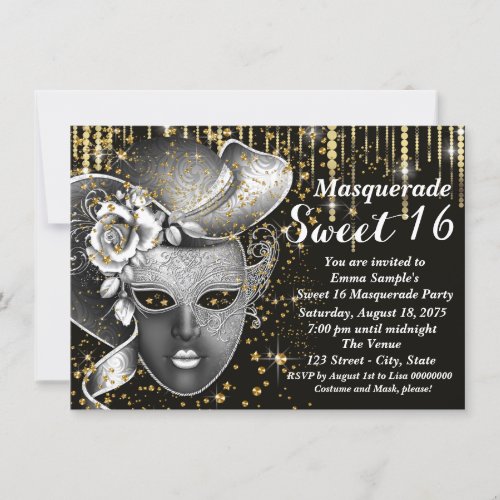 Black and Gold Sweet Sixteen Masquerade Party Invitation