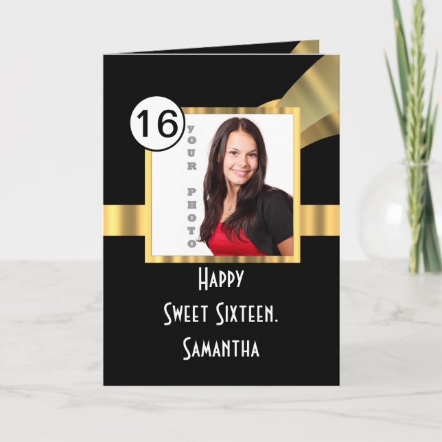Black and gold sweet sixteen photo card (Front)