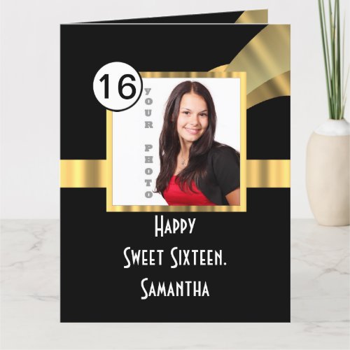 Black and gold sweet sixteen photo thank you card