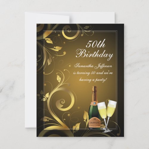 Black and Gold Swirl, Custom 50th Birthday Party Custom Invitations