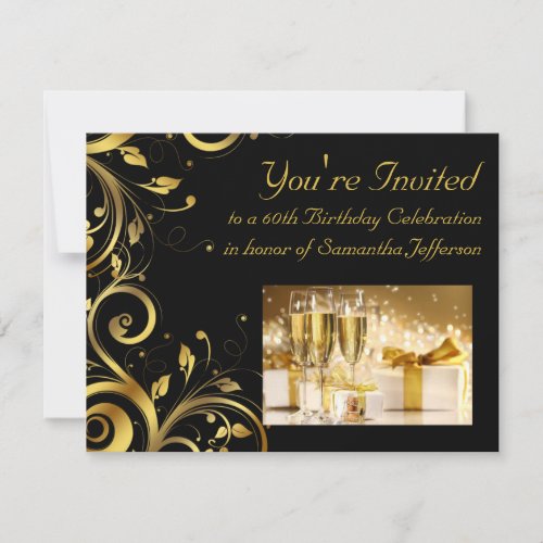 Black and Gold Swirl Custom 60th Birthday Party Invitation