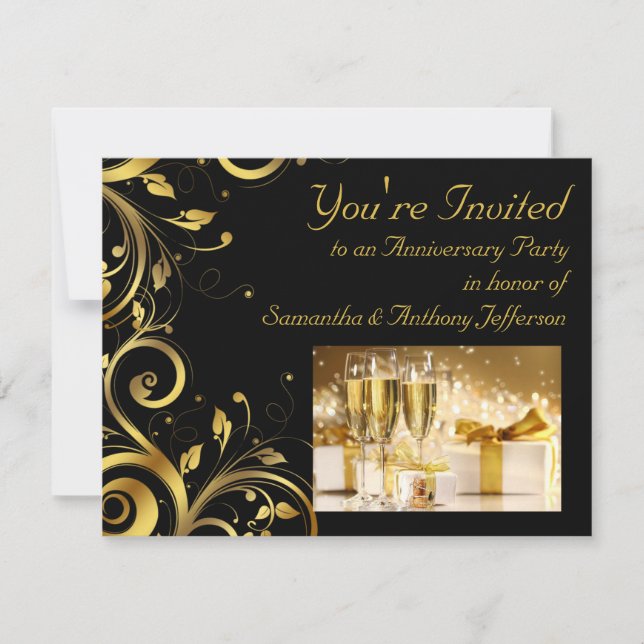 Black and Gold Swirl, Custom Anniversary Party Invitation (Front)