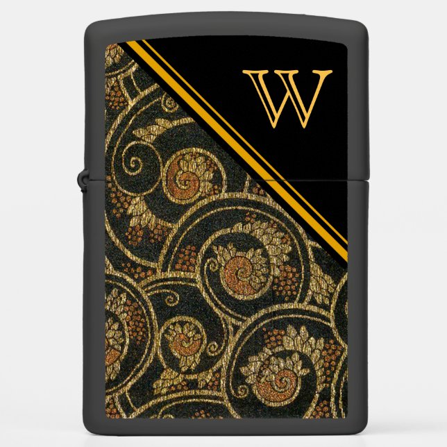 Black and Gold Swirl Design with Monogram Zippo Lighter (Front)