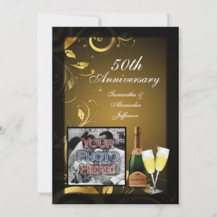 Black and Gold Swirl Photo 50th Anniversary Party Invitation