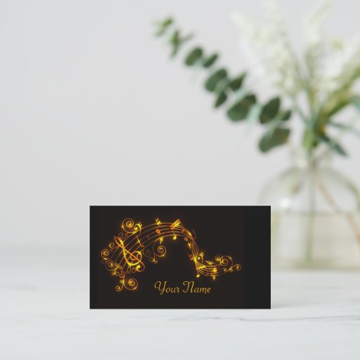 Customizable Black and Gold Swirling Musical Notes Business Car Business Card Template