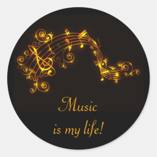 Black and Gold Swirling Musical Notes Classic Round Sticker