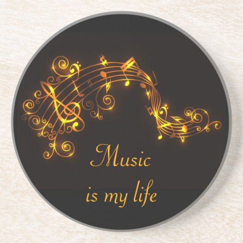 Black and Gold Swirling Musical Notes Drink Coaster
