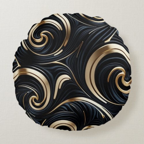 black and gold swirls round pillow