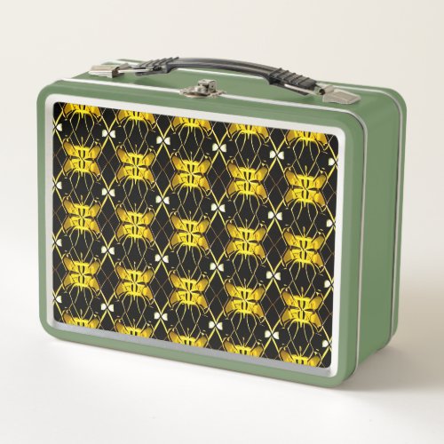 black and gold symmetrical pattern metal lunch box