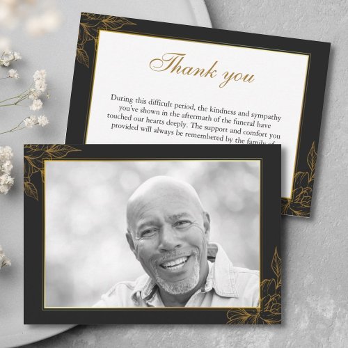 Black and Gold Sympathy with Photo After Funeral  Thank You Card