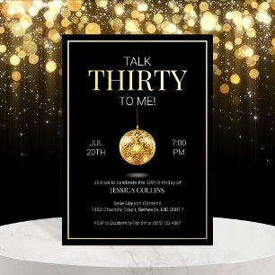 Black and Gold Talk Thirty to Me 30th Birthday Foil Invitation