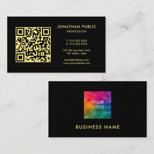 Black And Gold Template QR Code Company Logo Business Card (Front/Back)