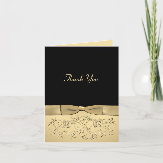 Black and Gold Thank You Card with Gold Ribbon (Front)