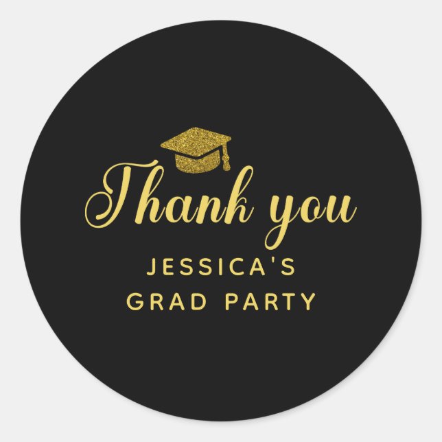 Black and gold Thank you graduation party Classic Round Sticker (Front)
