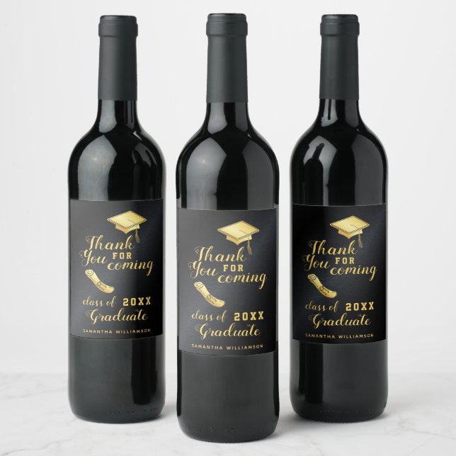 Black and Gold Thank You Graduation Party Wine Label (Bottles)