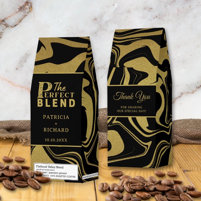 Black And Gold The Perfect Blend Wedding Favor Roasted Coffee (Black And Gold Marble Wedding Thank You Coffee Favor)