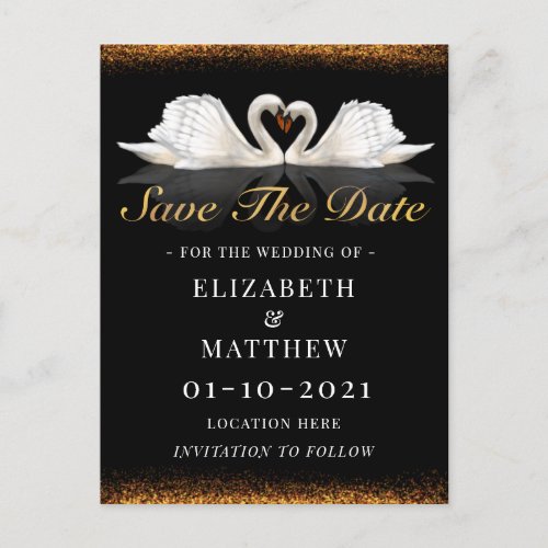 Black and Gold Themed with Swans Wedding Announcement Postcard