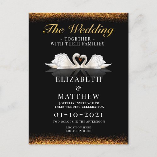 Black and Gold Themed with Swans Wedding Invitation Postcard