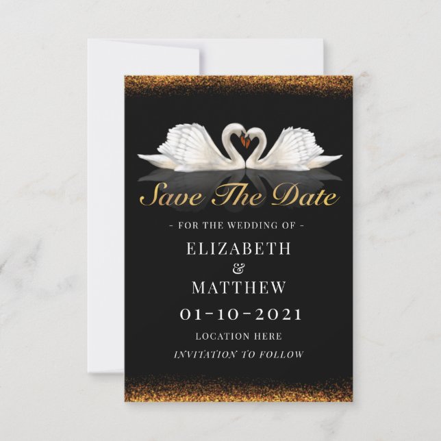 Black and Gold Themed with Swans Wedding Save The Date (Front)