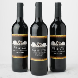 Black and Gold Themed with Swans Wedding Wine Label