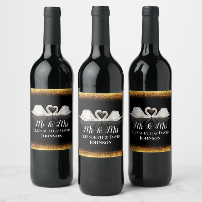 Black and Gold Themed with Swans Wedding Wine Label (Bottles)