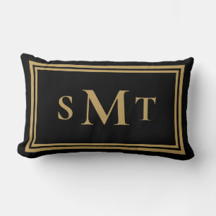 Black and Gold Three Letter Monogram Lumbar Pillow