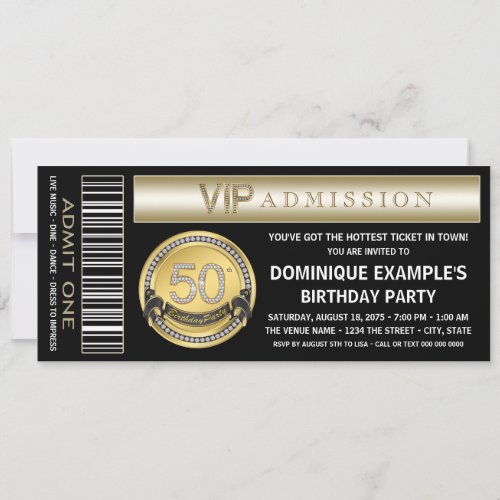 Black and Gold Ticket 50th Birthday Party Invitation