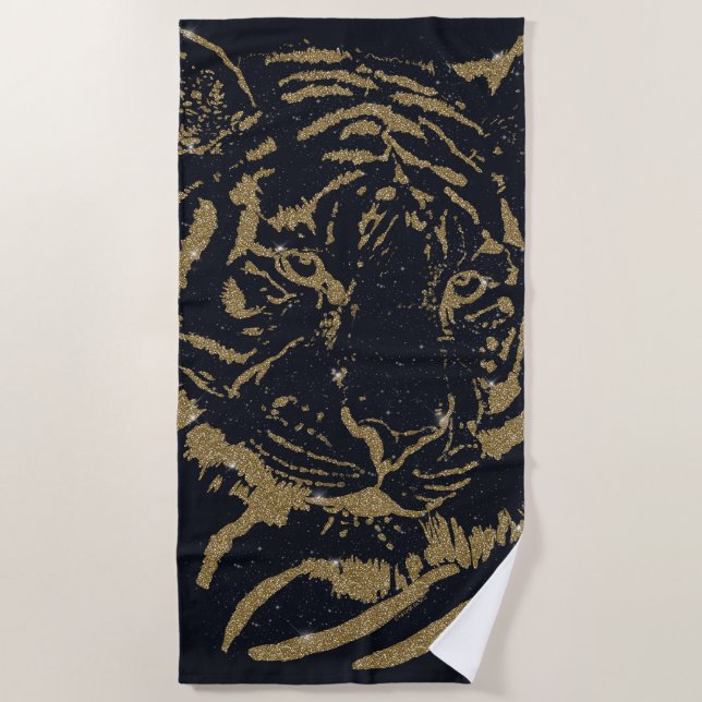 Black and Gold Tiger Artwork Luxury Glitter Style Beach Towel (Front)