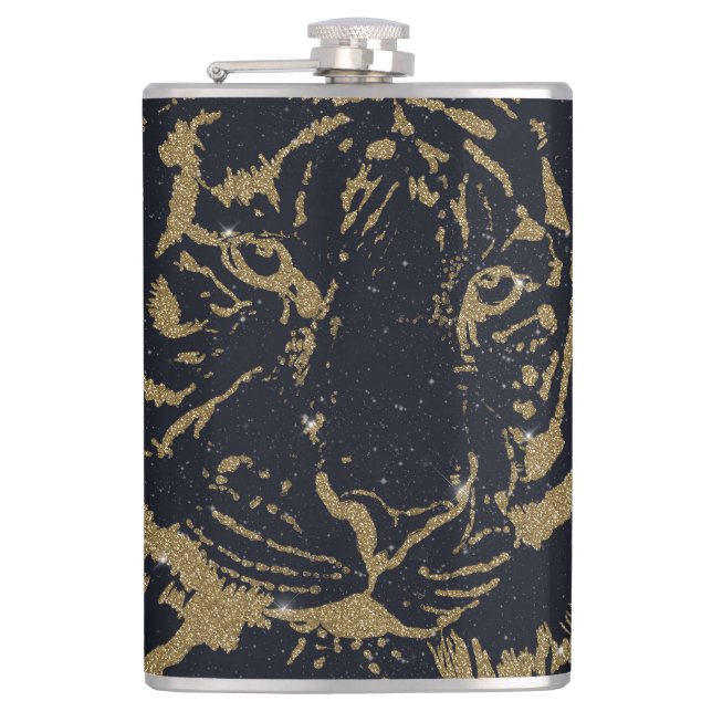 Black and Gold Tiger Artwork Luxury Glitter Style Flask (Front)