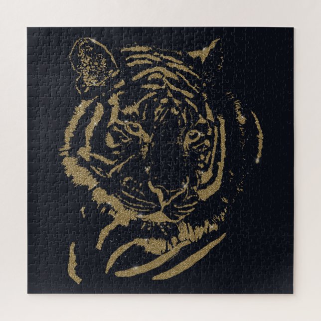 Black and Gold Tiger Artwork Luxury Glitter Style Jigsaw Puzzle (Vertical)
