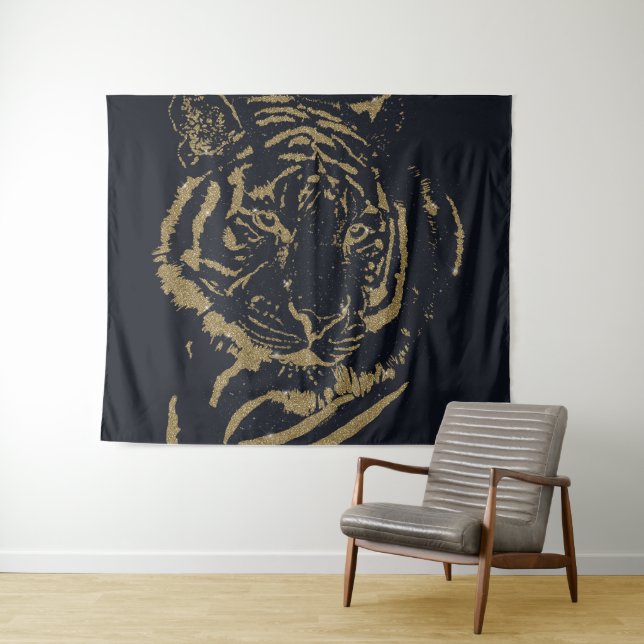 Black and Gold Tiger Artwork Luxury Glitter Style Tapestry (In Situ (Horizontal))