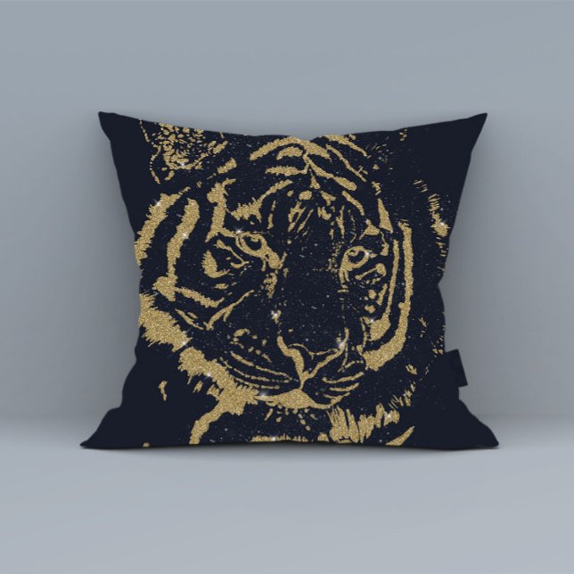 Black and Gold Tiger Artwork Luxury Glitter Style Throw Pillow (Creator Uploaded)
