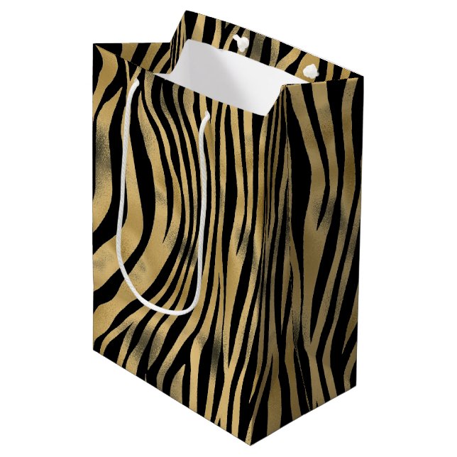 Black and Gold Tiger Stripe Medium Gift Bag (Front Angled)