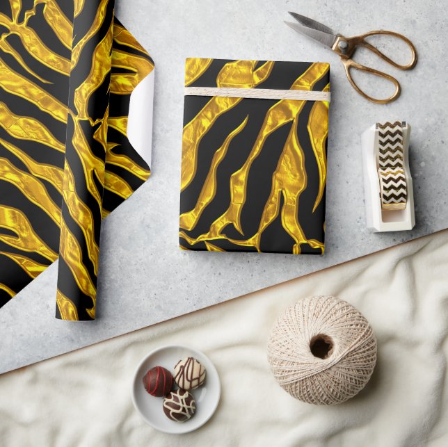 Black And Gold Tiger Stripes Animal Print Wrapping Paper (Crafts)