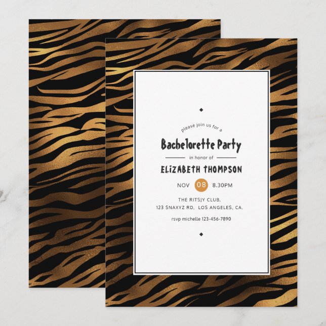 Black and Gold Tiger Stripes Bachelorette Party Invitation (Front/Back)