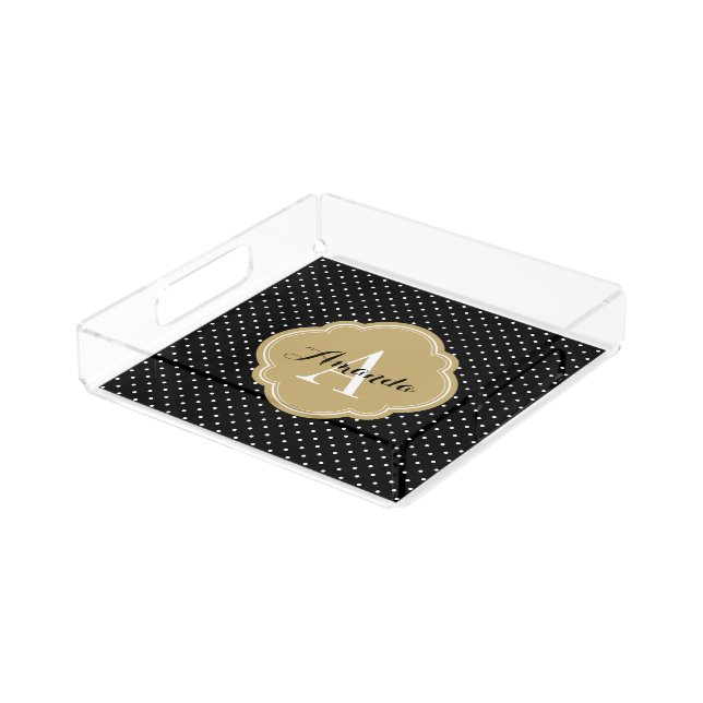 Black and Gold Tiny Dots Monogram Acrylic Tray (Angled)