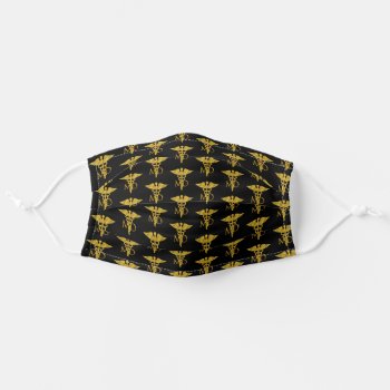 Black And Gold Tone Md Doctor Caduceus Pattern Adult Cloth Face Mask by hhbusiness at Zazzle
