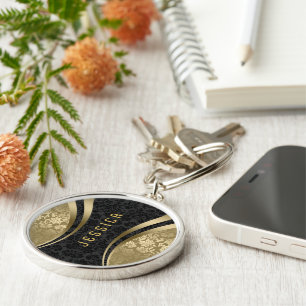 Black And Gold Tones Floral Damasks Keychain