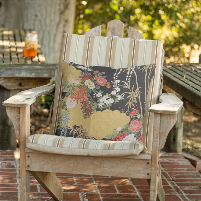 Black and Gold Traditional Japanese Floral Patio   Outdoor Pillow (Chair)