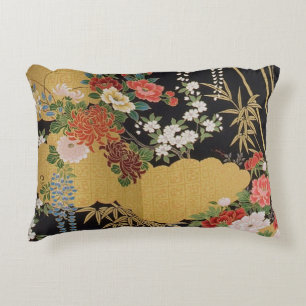 Black and Gold Traditional Japanese Kimono Floral Accent Pillow